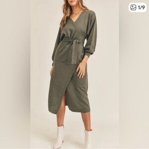 Mable Olive Green Sweater Wrap Dress